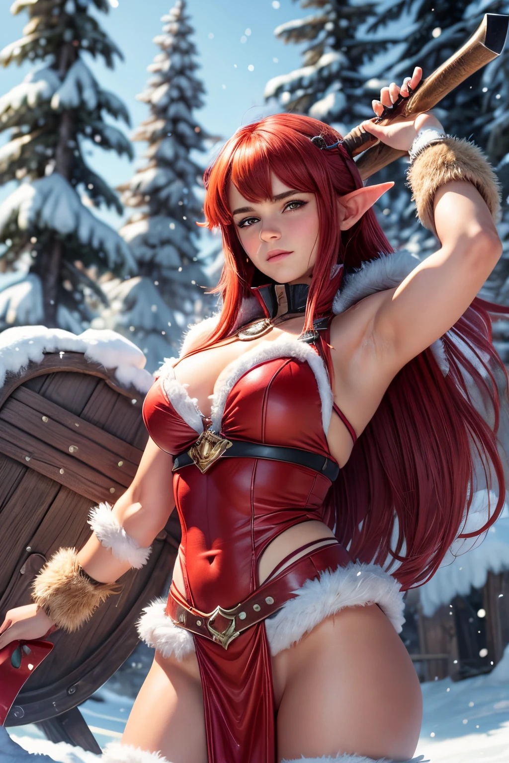 (4K), (Realistic), (high details), ((Emma Watson)), In a christmas movie, christmas background, girl in red and white outfit holding a snowboard, forest hunter lady, elf girl, alluring elf princess knight, elf princess knight, anime in fantasy style, barbarian warrior woman, a very beautiful berserker woman, cavewoman, digital anime illustration, female barbarian, erza scarlet as a real person, natalie from epic battle fantasy, north female warrior, anime goddess