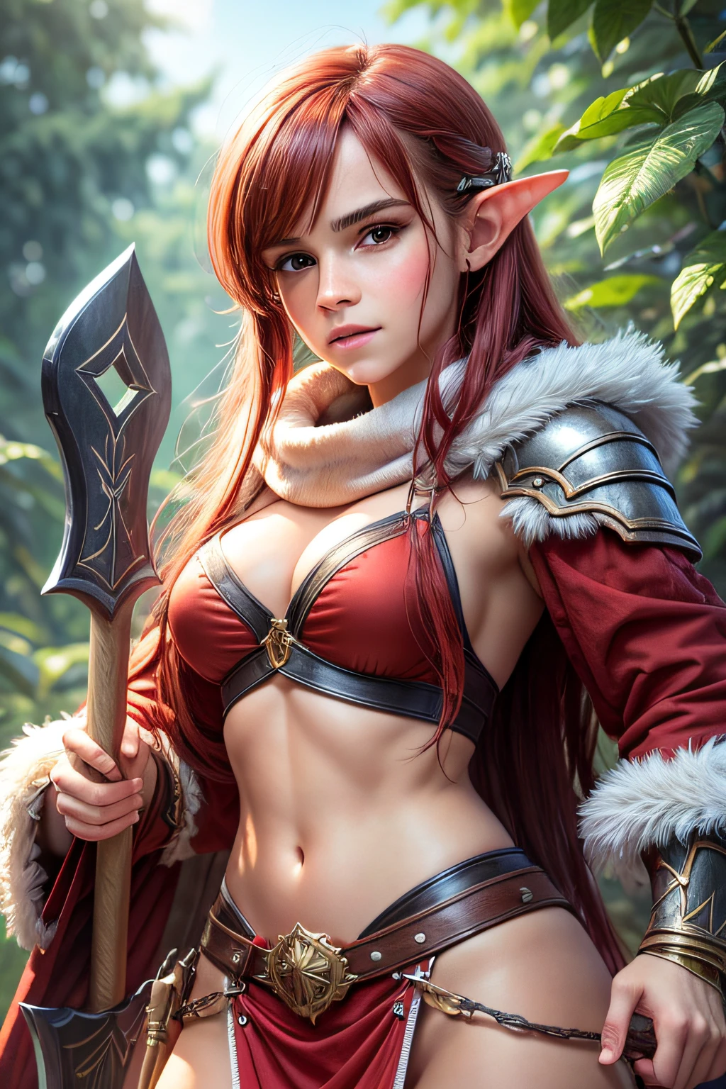 (4K), (Realistic), (high details), ((Emma Watson)), In a christmas movie, christmas background, girl in red and white outfit holding a snowboard, forest hunter lady, elf girl, alluring elf princess knight, elf princess knight, anime in fantasy style, barbarian warrior woman, a very beautiful berserker woman, cavewoman, digital anime illustration, female barbarian, erza scarlet as a real person, natalie from epic battle fantasy, north female warrior, anime goddess