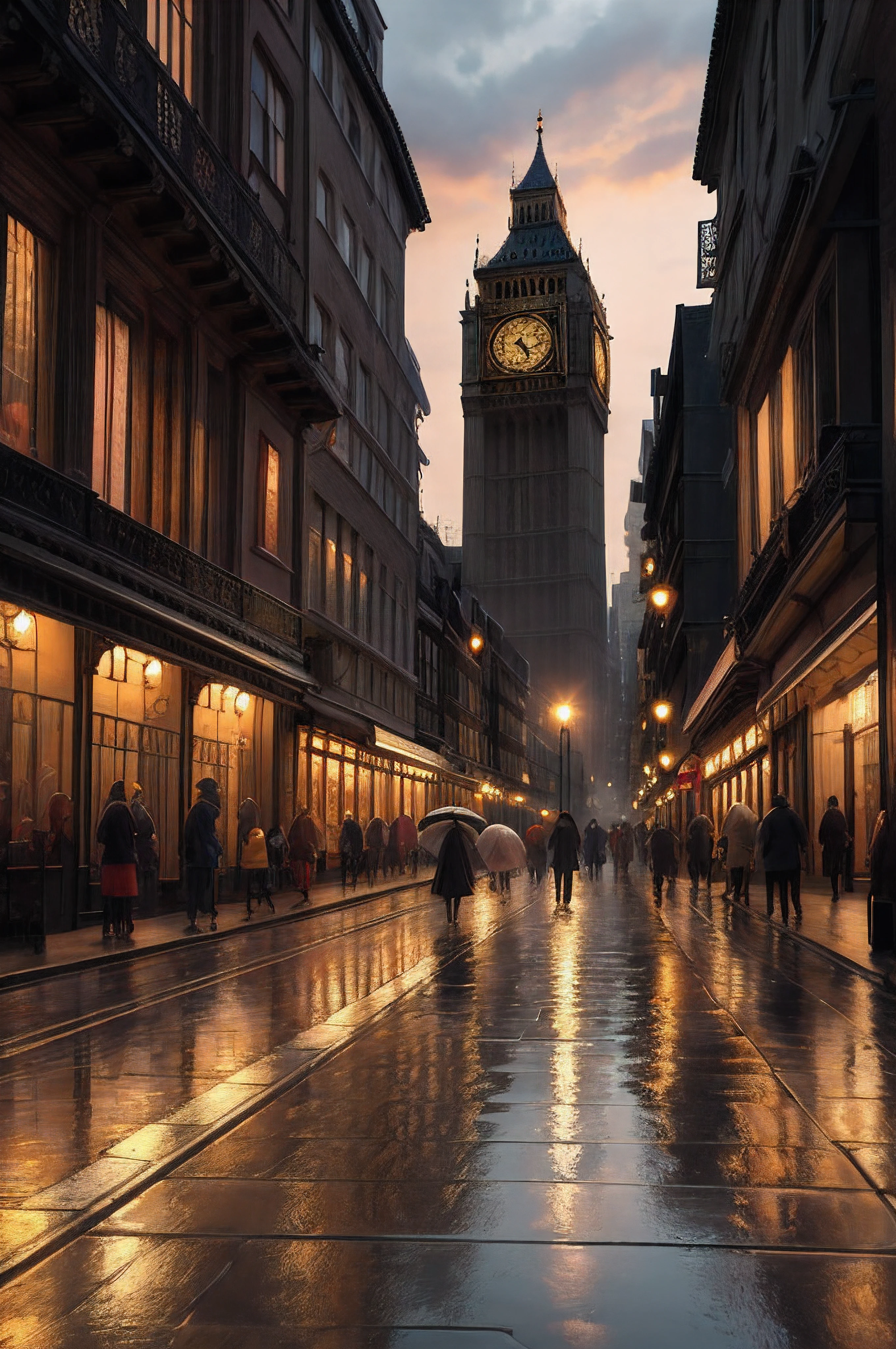 n the heart of London, Big Ben, the iconic clock tower, stands against the backdrop of a breathtaking sunset, under a light rain. The scene is infused with the warmth of the setting sun, and people, along with a classic red bus, navigate the charming streets.

Setting:

Big Ben: The stately silhouette of Big Ben is illuminated by the soft hues of the setting sun. The clock face is aglow with warm tones, casting a golden light over the surrounding area.

Sunset Sky: The sky is a canvas of warm colors—shades of orange, pink, and purple—that intensify as the sun dips below the horizon. The remnants of daylight create a spectacular backdrop for the iconic tower.

Light Rain: Gentle raindrops fall, creating a shimmering effect in the air. The rain is subtle, enough to create reflections on the streets without hindering the overall charm of the scene.

Cityscape:

London Streets: Cobblestone streets glisten with a thin layer of rain, reflecting the warm hues of the sunset. People stroll along the sidewalks, carrying umbrellas and enjoying the soft evening rain.

Classic Red Bus: A vibrant red double-decker bus, an emblem of London, maneuvers through the wet streets. The reflections of its headlights on the rain-kissed road create a captivating visual effect.

Human Element:

Pedestrians with Umbrellas: People walk along the sidewalks, some holding umbrellas to shield themselves from the light rain. The glow of streetlights adds a cozy ambiance to the scene.

Street Vendors: Street vendors with colorful stalls add pops of color to the street. They offer warm drinks and snacks, creating a sense of community amidst the wet but lively environment.

Ambiance:

Warm Streetlights: Antique-style streetlights emit a warm glow, creating pockets of coziness along the thoroughfare. The reflections of the lights in the rain-slicked streets contribute to the overall charm. Reflections in the River: The River Thames flows nearby, its surface reflecting the beautiful colors of the sunset