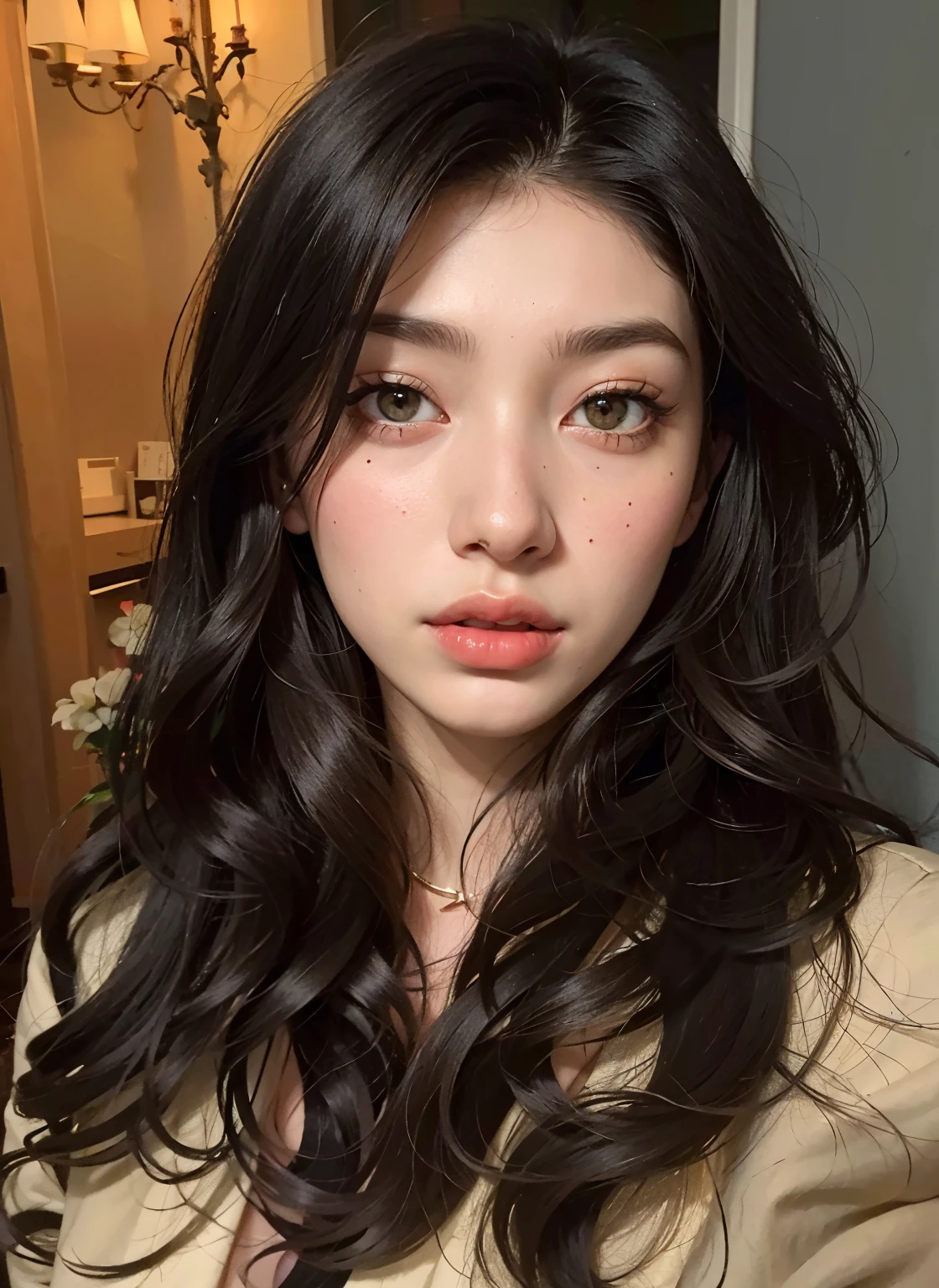 There  a woman with long black hair and a necklace in, cabelos pretos e olhos grandes, lindo rosto latino, 18 anos, pale-skinned persian girl, thick lips, Violeta Myers, Parece Fabiula Nascimento, imagem de perfil, lorde, female with long black hair, 1 6 anos, cabelo preto ondulado, pele de azeitona