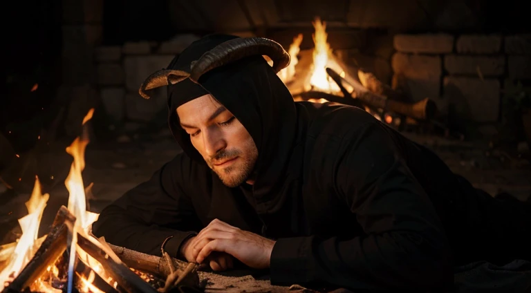 (best quality, ultra-detailed, realistic) ritual, man in long black clothes, with his face completely covered, eyes closed, goat horns on his head, around a fire at dark night