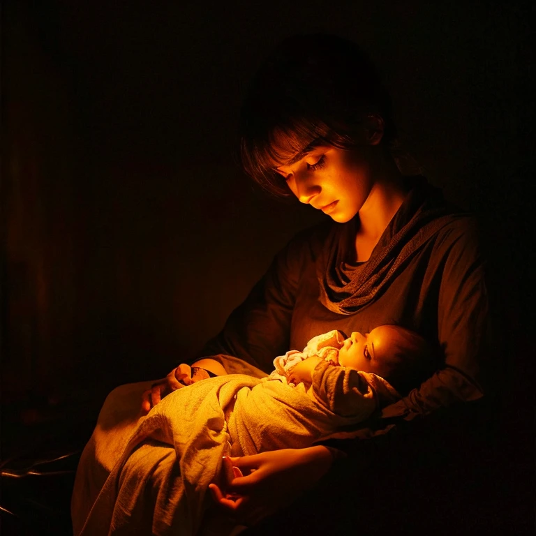 Sitting Woman　The whole picture　Georges Latour style　dark backgrounds　Candlelight　holding a  wrapped in cloth　Western beauty　Eyes that draw in