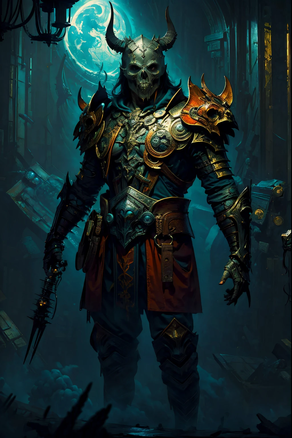 's, gothic art, lightand shade contrast, Standing painting, estimate, holland angle, emphasis lines, tmasterpiece, acurate, Anatomically correct, A high resolution, Best quality at best, super detailing, Award-Awarded,D14bl0 style necromancer,Humanoid monsters,A small amount of armor,withered face,sorcerous,,Epic war fantasy digital art,(greg rutkovsky:0.8), (cyan and orange:0.4),