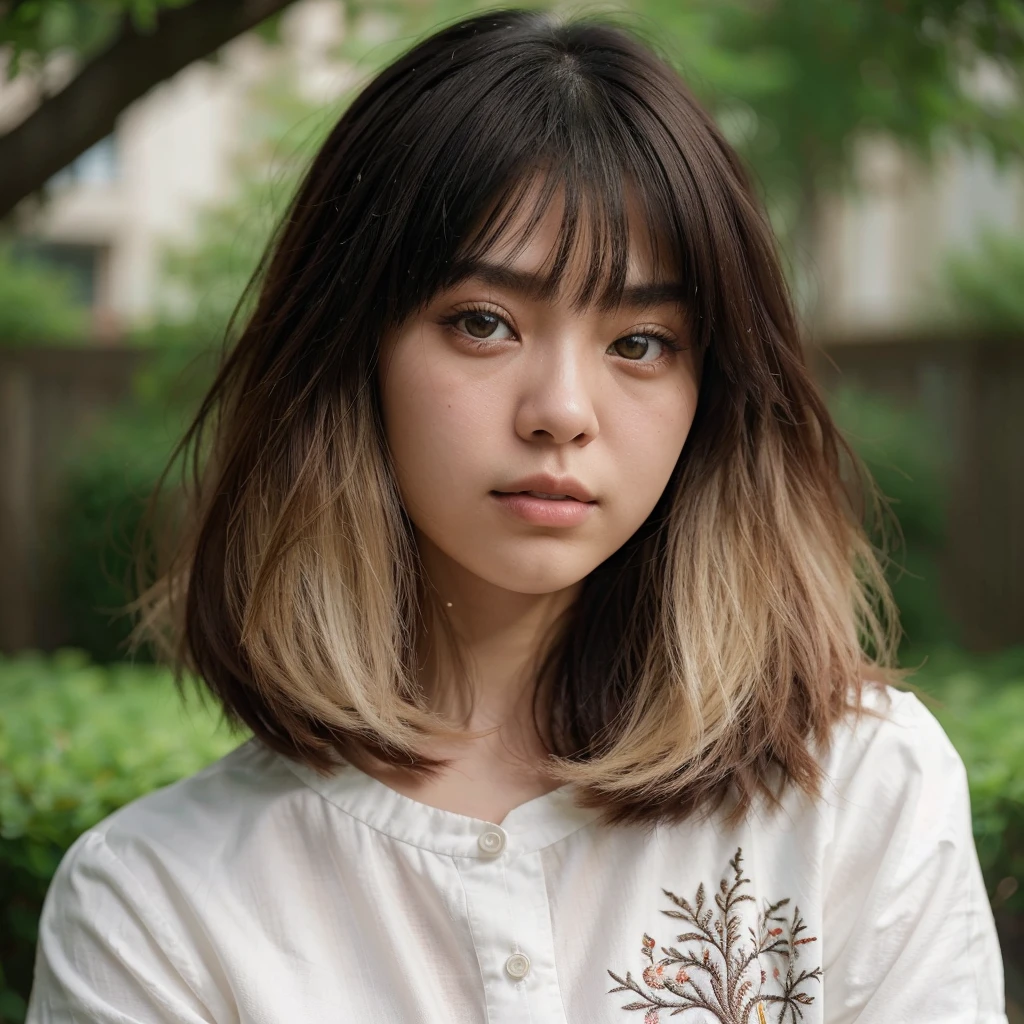 A photorealistic portrait of a 20-year-old asian girl with fringe wolf cut hair two-tone color like a billie eilish. wearing shirt white embroidery, She should natural expression. The background should be a garden tree. Capture this image with a high-resolution photograph using an 85mm lens for a flattering perspective.