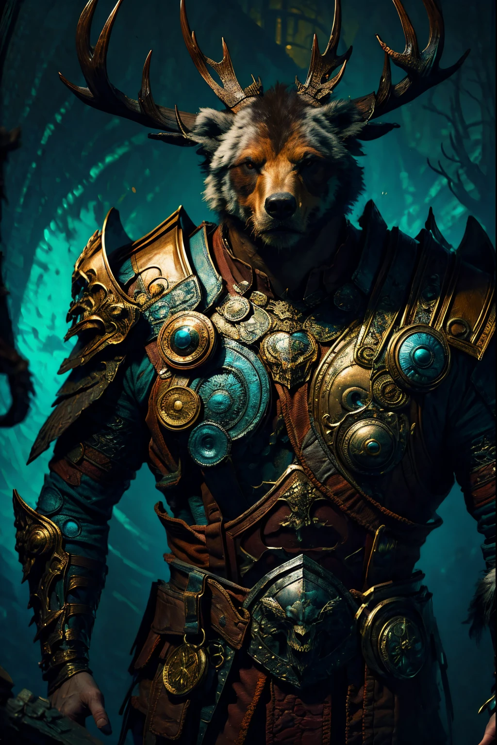 evil, Gothic art, chiaroscuro, tachi-e, projected inset, dutch angle, emphasis lines, masterpiece, ccurate, anatomically correct, highres, best quality, super detail, award winning,D14bl0 style druid,Humanoid monsterale people,Robust body,The upper part of the body,rugged face,without armor,animal skin wrapping body,Be with animals like bears, eagles and deer,Epic war fantasy digital art,(greg rutkovsky:0.8), (cyan and orange:0.4),character chart, tachi-e