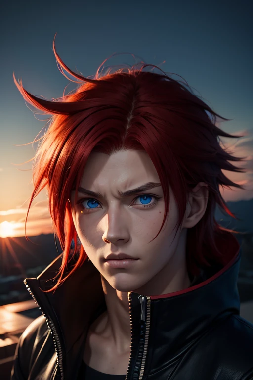 Teenager. Naruto Uzumaki. Full face. Red hair. Blue eyes.