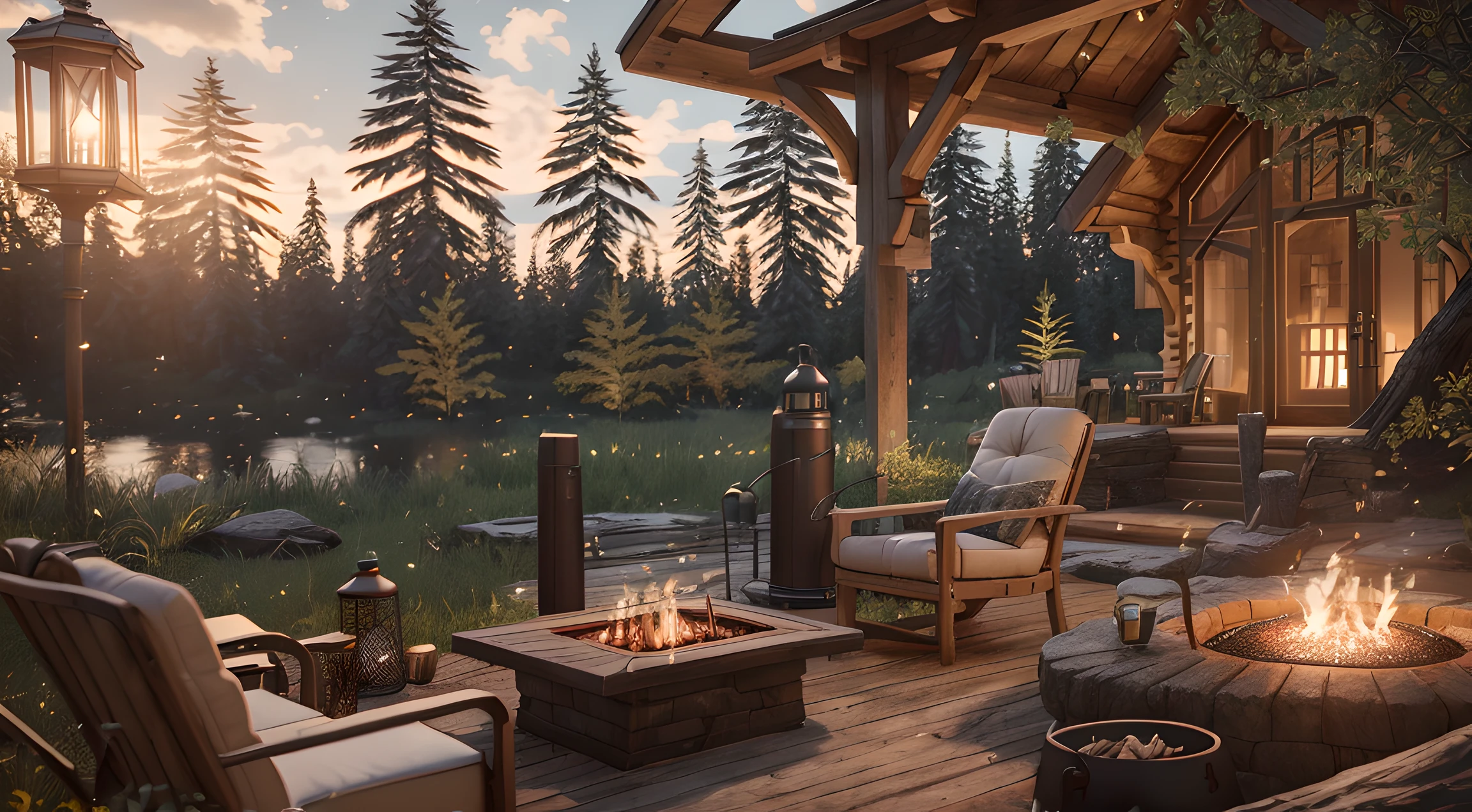 there is a wooden gazebo with a table and chairs, Luxury wooden cottage, unreal 5 engine highlly render, highly detailed scene, Детализированный рендер Unreal Engine 5, Campfire background, unreal engine 5 rendered, Extremely detailed scene, Рендер качества Unreal Engine 5, Outdoor fire pit, Scutch, cozy environment, Relaxing concept art, Very detailed rendering, highly detailed render
