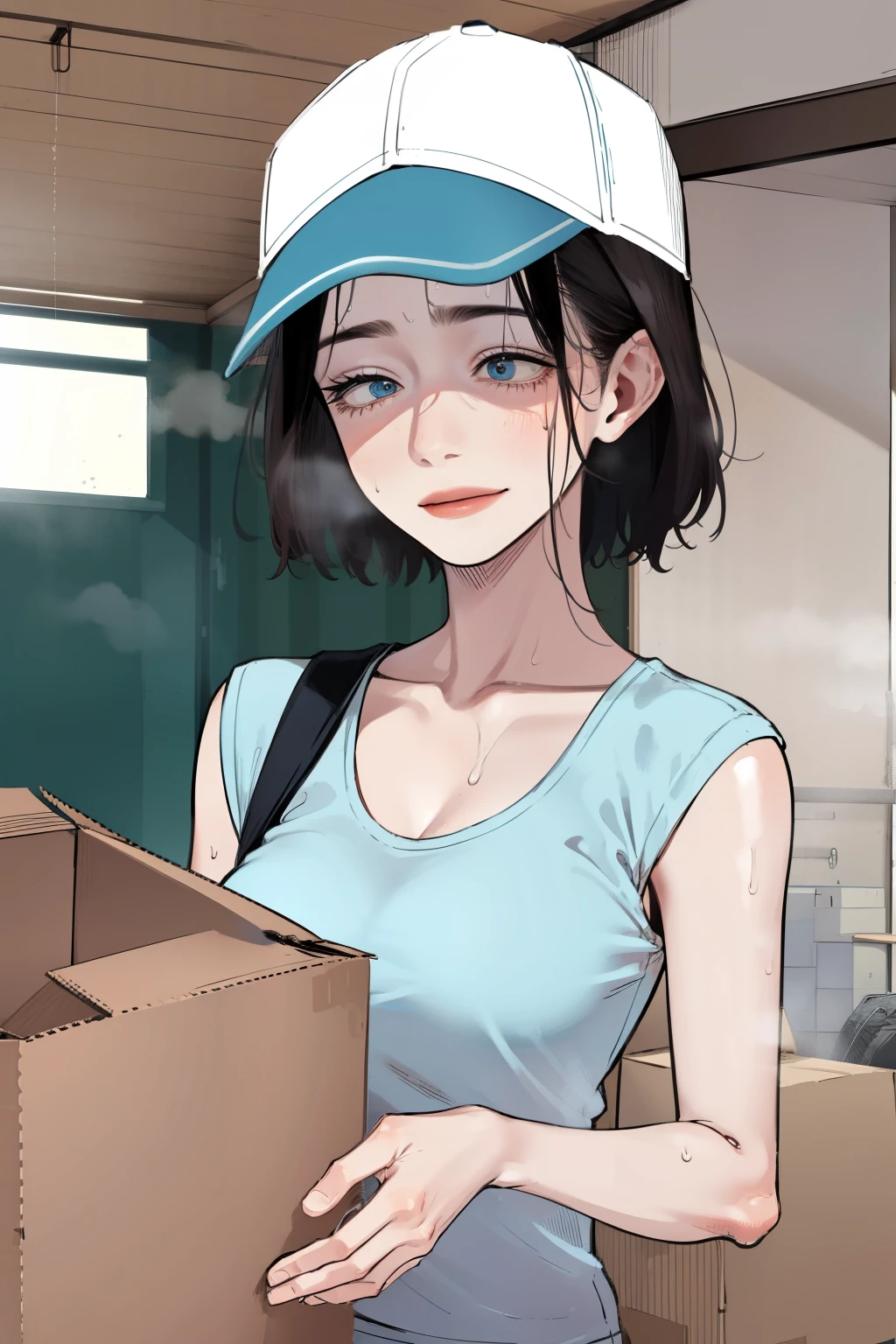 Cargo carrier lifting cardboard、, Smile, , white tank top workwear, khaki colors, Red gloves, Light Blue Cap, Moving luggage、cardboard apartment background、moving company, ((Sweat, steam)), Coveralls