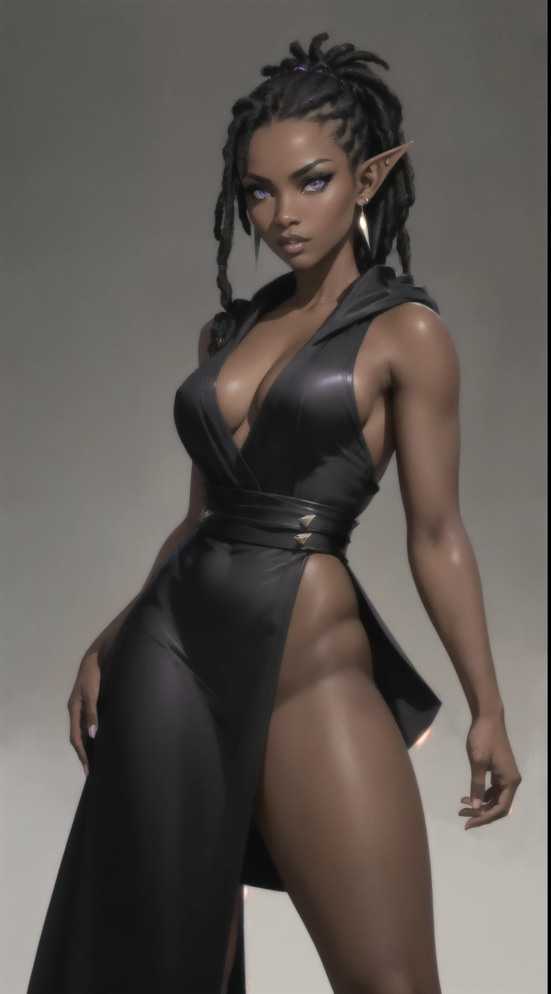 (Concept Art) of an (African-American) female, with dark (black dreadlocks), purple eyes, dark (brown skin), (pointed ears), (slutty assassin), sexy black robe, (lust) demon, (medium shot), perfect composition, hyper-detailed, 8K, high quality, (perfect eyes), trending art, sharp focus, studio photo, intricate details, (Pin-up) pose