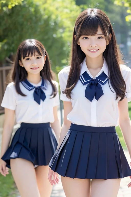 Two beautiful girls，4K，(((Lift the skirt bigger and bigger,、Show your panties to the camera))),A smile that makes you want to hug，(((See all panties))),Show off your panties to the camera，（girl wearing japanese high-school uniform，idol),Fun atmosphere,Ultra detail of the highest quality,Vibrant colors,Cozy,romantic,Cheerful,Warmth,Happiness,Magical,pure love and kindness.、short-cut、a 、a navel，Photogenic clarity、A detailed eye、perfect anatomy body proportions、Small micro panties，Pubic hair can be seen through the lace of the panties、panties focus、Detailed lace panty pattern、Plain white panties、Body type of slender model、Beautiful posture、Skirt rolled up