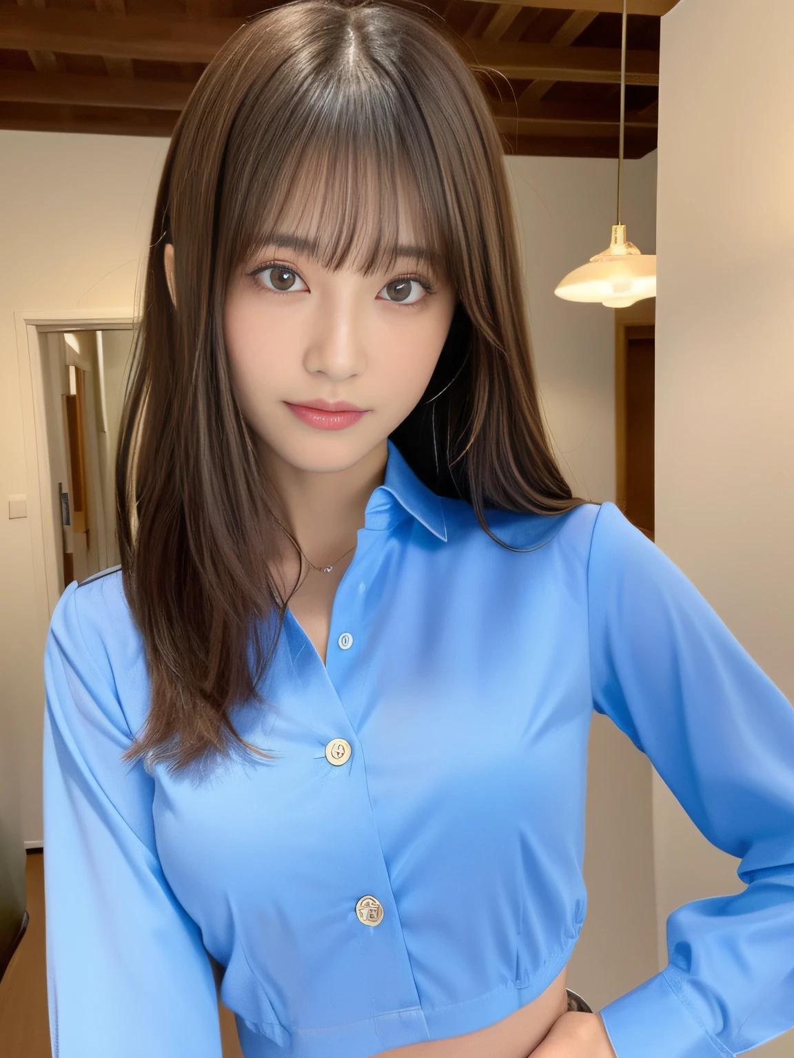 Full Body Angle、((highest quality, 8K, masterpiece: 1.3)), concentrated: 1.2, Cute girl 1,Nipples erect、 Perfect beauty: 1.4,Colorful short sleeve blouse with round neck and ruffle design in cotton: 1.2,Long sleeve、Randall Color、comics＆Text Graphics、Black ruffle-trimmed drawstring zip blouse,1.1, Highly detailed face and skin textures, Fine grain, double eyelid, whitening skin, ,highest quality,Ultra-high resolution,you,1 girl,alone,_Shiny_skin,Iris,necklace,((Brown_length_Wavy_hair)),(lips)),eyelash,Front hair,deal with,compensate,Shiny,pore,skin texture,Large Breasts、smiling face、Game room、