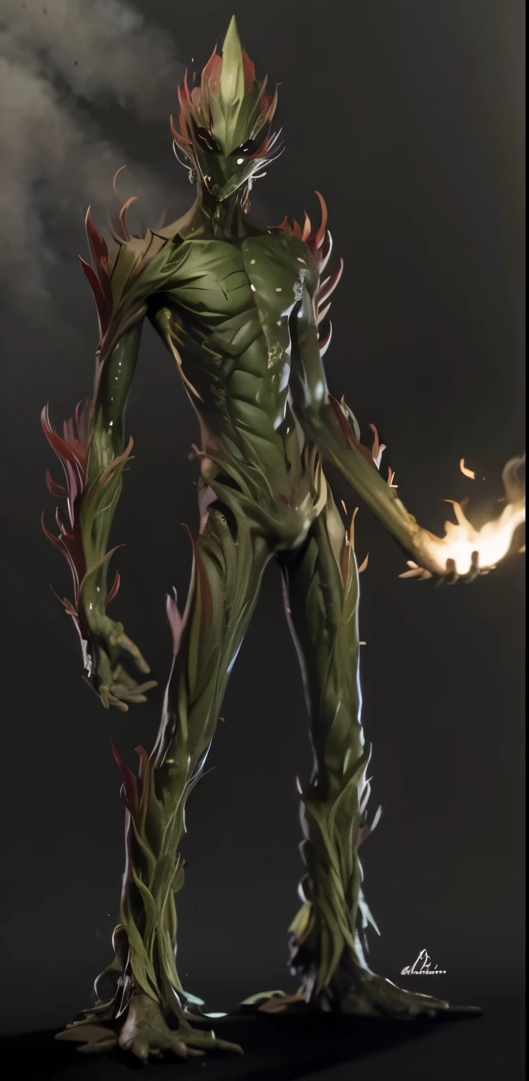 Slender humanoid creature with green plant features and red details on its head, rosto preto com olhos verdes e uma faixa amarela no centro da testa, fire coming from one of his hands, roots at his feet