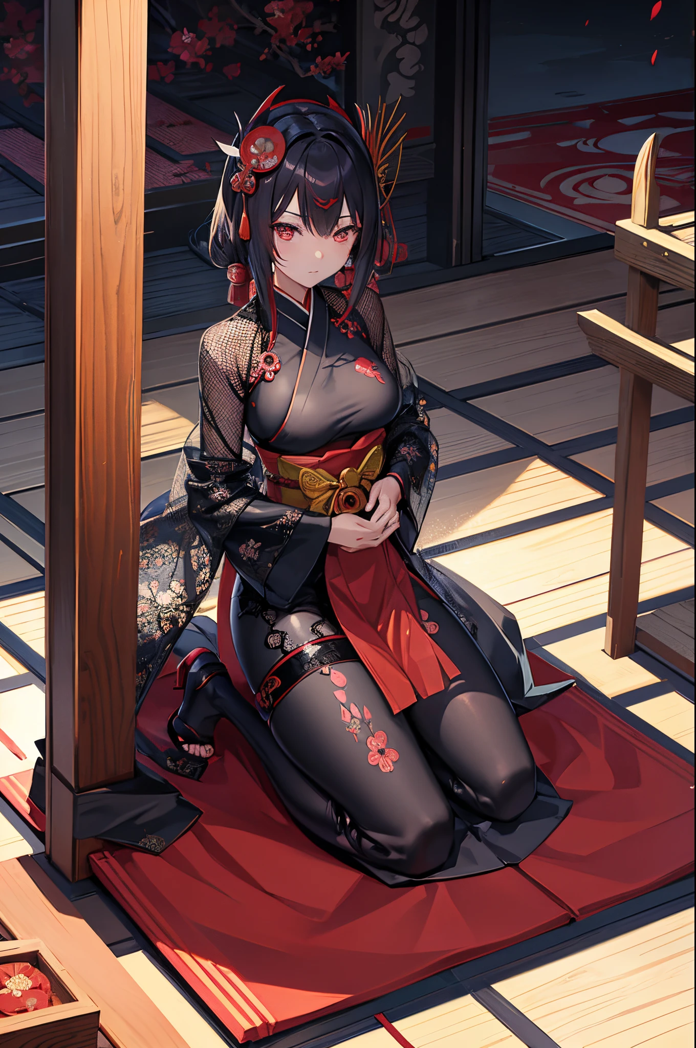 absurdres, RAW photo, extremely delicate and beautiful, masterpiece, Best Quality, ultra high resolution, 32k, hyperrealistic, ultra-detailed, in her 20s, delicate facial features, tearful mole, earring, medium breasts, full body shot, shorter middle hair, black hair, kimono, ninja, samurai,
