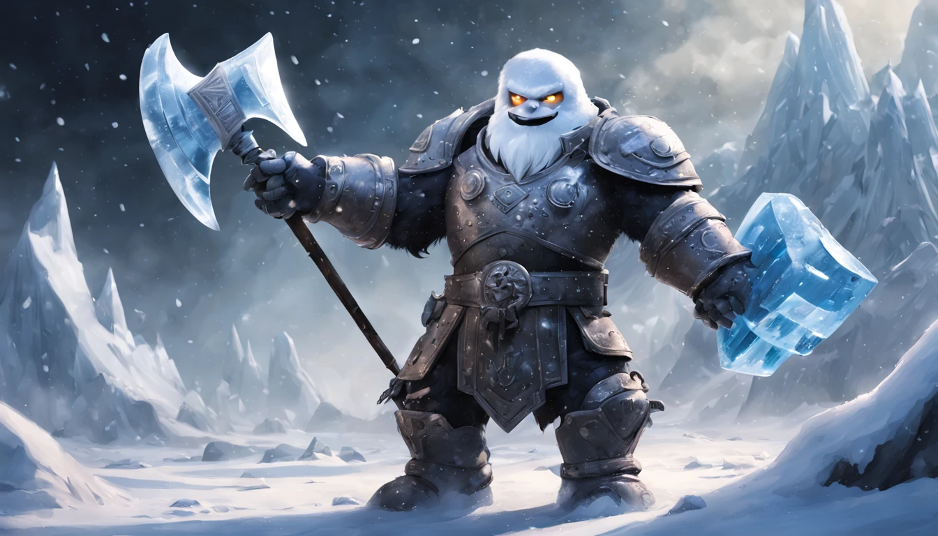 01_(Epic character).(One in the frame). (A huge block of snow). (Big - scary snowman). Horizontal composition with some offset from the format in the center. (Large snow mass, an awkward snow mass consisting of three rounded snow blocks). (A living creature, in a fighting pose, a decisive, threatening, scary character). (Snowman, a fantastic fantasy image, a creature made of snow, created for battles, attacks, and intimidation). (In his thick snow-covered paws he holds an ice ax, on a long handle, made of ice, a very powerful weapon, large - in full height). (The monster's ice body consists of three ice blocks - a typical snowman design, strength and power live in it, and it is ready to attack). (The body is covered with imitation armor, old car bumpers, headlights, and license plates hung on a snow uniform - symbolize armor, metal armor). (A cheerful, scary face, in an animation style, with a cheerful grin, a snowy mouth open in a smile, an icicle, crazy eyes glowing with blue light, and a black felt hat, decorated with trinkets and amulets, covering its head.). (This is an epic character in an animated style, in the best tradition of animated films).
02_The composition is located in a horizontal frame to emphasize the breadth and volume of the form; the horizontal composition is complemented by a powerful ice ax. Eliminate symmetry, even if the bulk of the hero is not placed clearly in the center, with a slight offset, this will emphasize the breadth of forms and add epicness to the overall image. Mood, absurdity, humor, fighting stance, comedic situation, and powerful snow form that evokes fear and laughter at the same time.
03_ Cold range of lighting, evening, blizzard, elements, gusty wind, oblique snow whirlwinds, ice patterns in the background, dark blue, snowy background. Contrasting, clear lighting, warm magical light, clear cold shadows, contrasting image. Ice, snow, snow decor, intricate patterns, and ice ornaments on the body. The highest image quality.