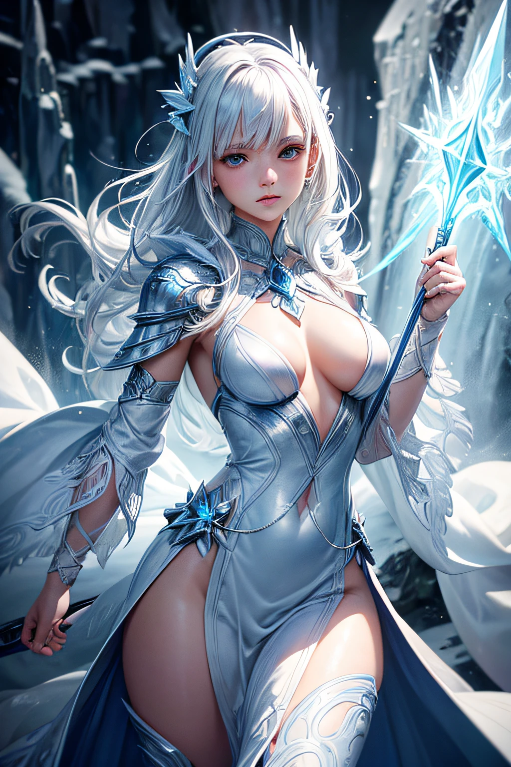 , white hair, ice mage, sorceress, ice goddess, streams of snow covering her body, mages dress made of snow, controling all snow and ice around her, makes spirals of ice around her body, wielding a magic staff, ancient cave in background, sexi, small breasts, , highly detailed, vibrant appearance, creative behavior, extremly detailed, imaginative, sensual, spontaneous, highest quality, skin texture, intricate details, (cinematic lighting), RAW photo, 8k, masterpiece,best quality,ultra-detailed,very detailed illustrations,extremely detailed,intricate details,highres,super complex details,extremely detailed 8k cg wallpaper,