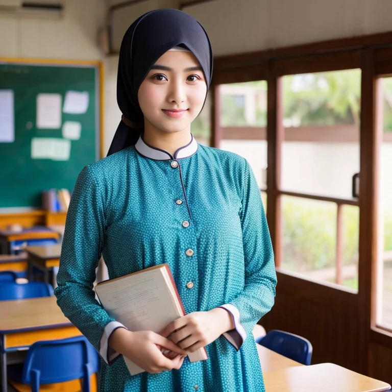 A Muslim teacher standing in front of the classroom, holding a book, wearing baju kurung, with a perfect face, sexy chest