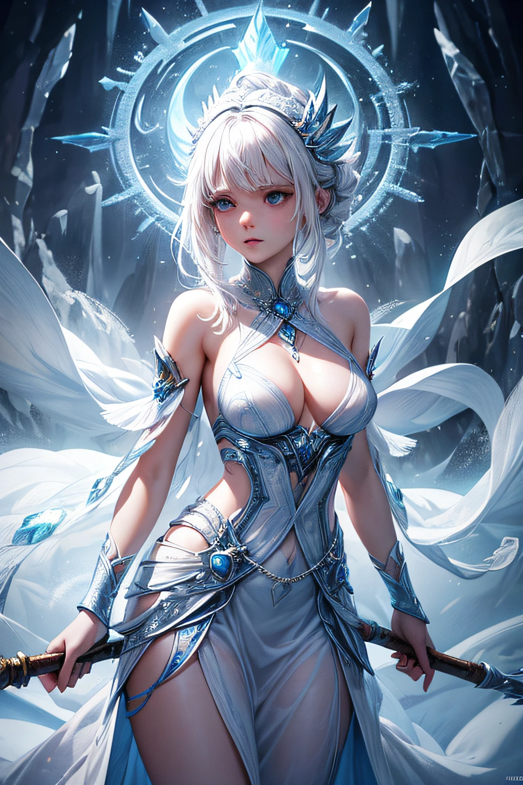 young teen girl, white hair, ice mage, sorceress, ice goddess, streams of snow covering her body, mages dress made of snow, controling all snow and ice around her, makes spirals of ice around her body, wielding a magic staff, ancient cave in background, sexi, small breasts, , highly detailed, vibrant appearance, creative behavior, extremly detailed, imaginative, sensual, spontaneous, highest quality, skin texture, intricate details, (cinematic lighting), RAW photo, 8k, masterpiece,best quality,ultra-detailed,very detailed illustrations,extremely detailed,intricate details,highres,super complex details,extremely detailed 8k cg wallpaper,