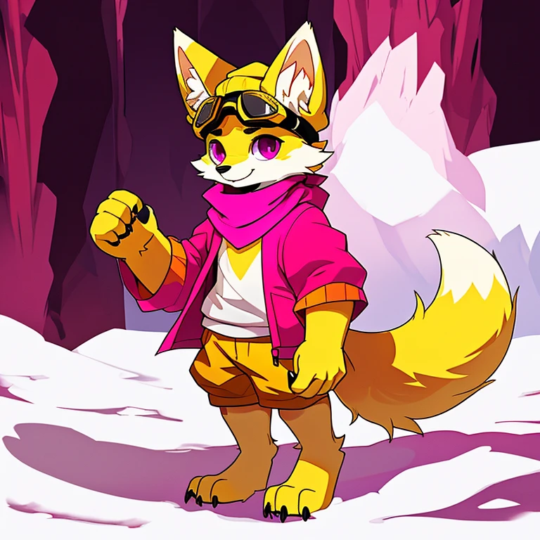 (A character), (Fox with yellow fur and white chest), (under the snout is white), (yellow fur), (tip of the tail white), (wears a magenta sweater), (light blue scarf), ( yellow cap with orange visor), (orange visot), (magenta eyes), (slender and fit body), (appears apparently thin but strong), (relaxed expression), (male), (medium height), (solitary), (solo), (white eyebrows), (yellow legs), (yellow hat), (golden fur), (golden yellow fur), (small dark yellow claws), (4 toes on his paws), (magenta eyes), fluffy, (fluffy fur), goggles, (black glass goggles)