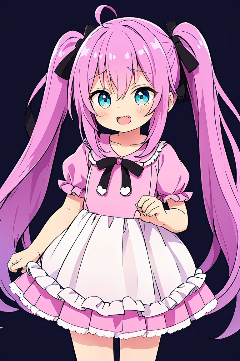 long hair, mole under mouth, purple hair, twintails, hair between eyes, aqua eyes, sharp teeth, ahoge, blush, smile, cowboy shot, pink dress, magical girl, open mouth, cute, kawaii, pink ribbons, ***********, petite