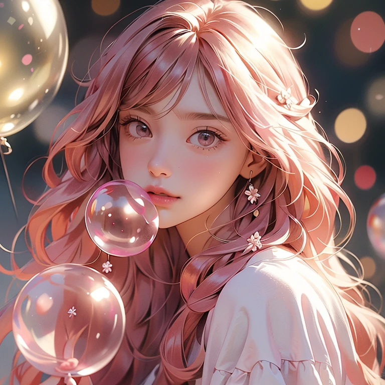 Bubble_blow gum, Chewing_gums, 1girl in, Solo, baloons, long_hair, Bangs, up looking_で_viewer, Eyelashes, the Extremely Detailed CG Unity 8K Wallpapers,masutepiece, Best Quality, Ultra-detailed, Beautiful detailed eyes:1.2,Best Illumination, (Best Shadow, extremely delicate and beautiful, bloom),