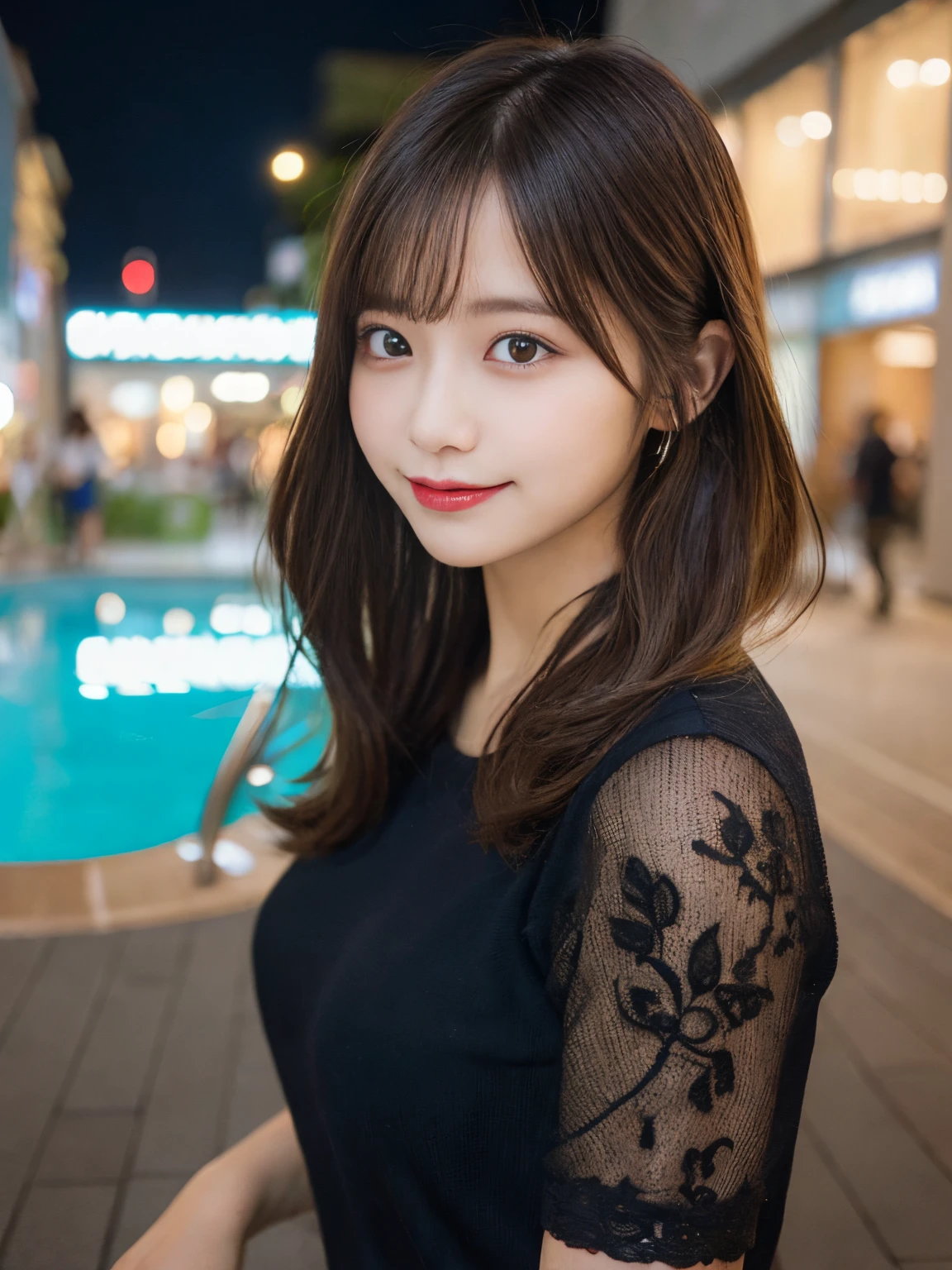 masutepiece, Best Quality, Illustration, Ultra-detailed, finely detail, hight resolution, 8K Wallpaper, Perfect dynamic composition, Beautiful detailed eyes, Wearing black clothes,Medium Hair,Natural Color Lip, Bold sexy poses,Smile,Harajuku、20 years girl、Cute、Sexy shot looking at camera、C Cup、Brown hair、cacique#39;s face、Blurry night pool background