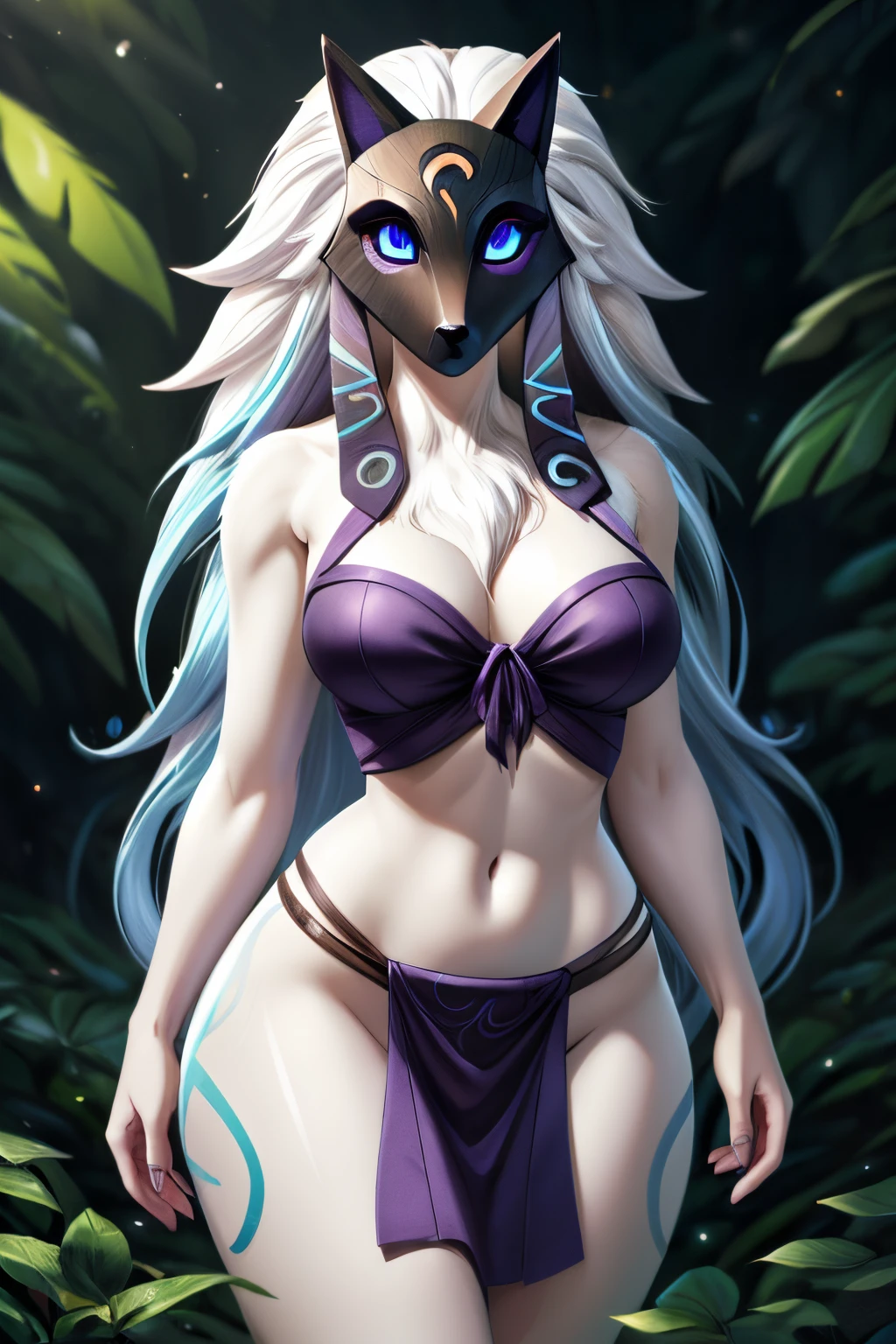 ((ultra quality)), ((tmasterpiece)), kindred, ((there are only deer ears)), ((there is a deer tail in the back)) (White, long straight hair), (Beautiful cute face), (beautiful female lips), Charming, (doe nose), ((incredulous facial expression)), looks at the camera with interest, eyes are slightly closed, ((Skin color: white)), Body glare, ((detailed beautiful female eyes)), ((light blue eyes)), (juicy female lips), (beautiful female hands), ((perfect female figure)), perfect female body, Beautiful waist, black claws, gorgeous big thighs, beautiful breasts, ((Subtle and beautiful)), seductively worth it (closeup face), (wearing a dark purple loincloth, Dark purple top, Kindred mask), background: dense green forest, night time, ((Depth of field)), ((high quality clear image)), (crisp details), ((higly detailed)), Realistic, Professional Photo Session, ((Clear Focus)), the anime