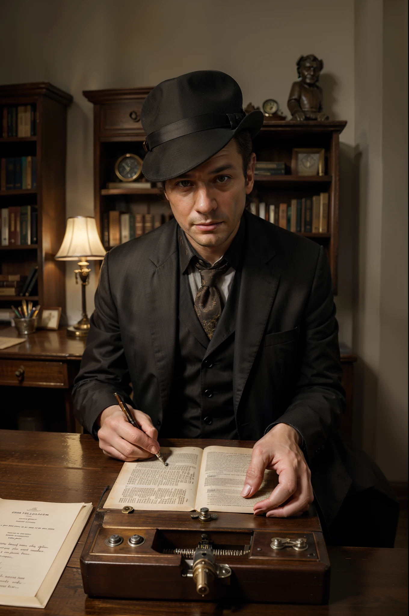 (best quality,4k,8k,highres,masterpiece:1.2),ultra-detailed,(realistic,photorealistic,photo-realistic:1.37),A detective typing steadily on a vintage typewriter, inspecting the case files in front of him, his focused expression revealing deep concentration. [Old World Charm], [Meticulous attention to detail], [Vintage detective office], [Antique typewriter], [Leather-bound case files], [Aged wooden desk], [Dimly lit room], [Flickering desk lamp], [Smoke-filled air], [Resolute detective], [Sherlock-inspired setting], [Clattering typewriter keys], [Tightly rolled parchment], [Magnifying glass], [Detective's badge], [Wall of clues], [Map with pins and strings connecting], [Suspenseful atmosphere], [Thoughtful pose], [Rumpled detective's coat], [Brass accents], [Hint of mystery], [Curiosity sparking], [Labyrinth of investigations], [Sharp focus on details], [Time-worn bookshelf], [Intricate pencil sketches], [Hint of intrigue], [Vintage detective hat], [Weathered newspaper clippings], [Shadows and silhouettes], [Past meets present], [Knight in detective armor], [Enigmatic aura], [Unraveling the truth], [Crackling fireplace], [Unsolved puzzles], [Swift resolution], [Hidden secrets], [Criminal mastermind], [Crafted elegance], [Classic noir setting].