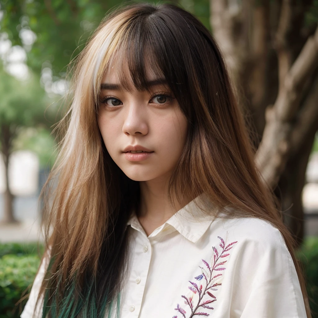 A photorealistic portrait of a 20-year-old asian girl with fringe long hair two-tone color like a billie eilish. wearing shirt white embroidery, She should natural expression. The background should be a garden tree. Capture this image with a high-resolution photograph using an 85mm lens for a flattering perspective.