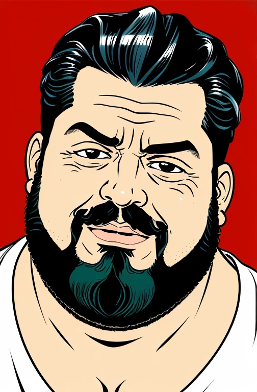 ,Rosto gordo, gordinho e barbudo, Concentrado, visual chave, intrincado, altamente detalhado, lineart preciso, Vibrando, Comprehensive cinematomatics, Griffiths Carne Bovina, Conrado Roset, (o retrato mais bonito do mundo:1.5) cena de fundo popart, Centered photography