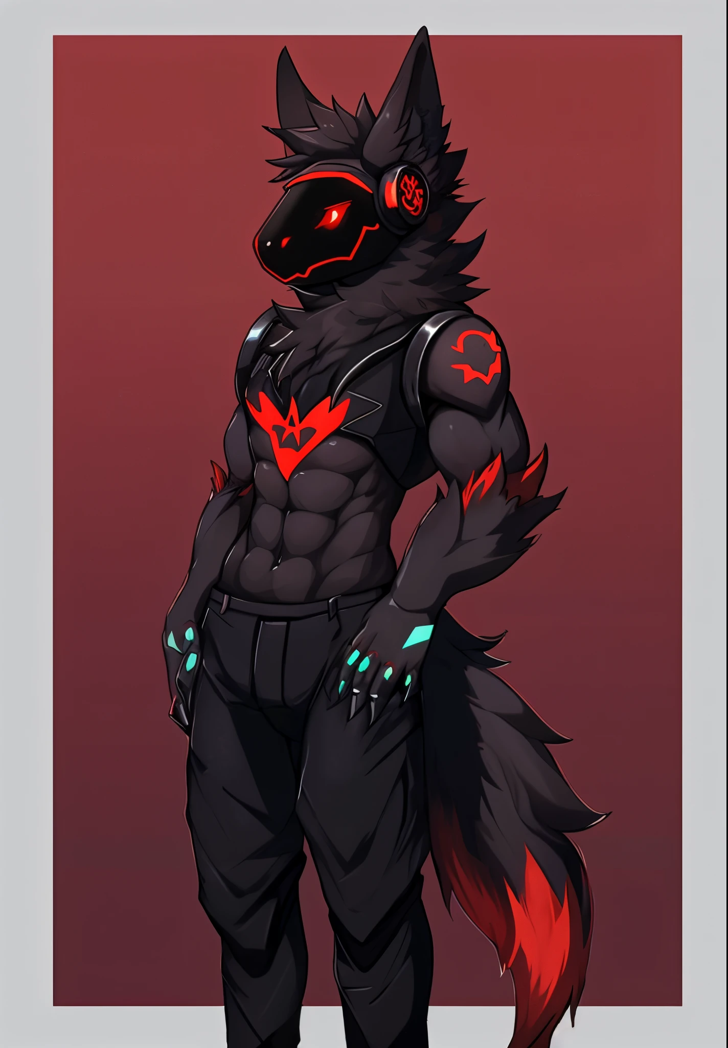 Protogen, The robot, machinery, male , Black fur, little red fur, Red Eyes, Black long pants, Sexy, Muscular