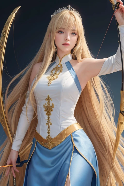 8k, superb, masterpiece, high detail, semi-realistic, 1 girl, young woman, 19 years old, blond long hair, right eye covered by bangs, blue right eye, jewelry crown, court style platinum skirt, slim figure, archery, Archery with a bow, beautiful long hairs, crazy long hairs, super long hairs, long hair, crazy long hairs, super long hairs