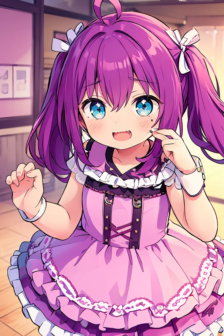 long hair, mole under mouth, purple hair, twintails, hair between eyes, aqua eyes, sharp teeth, ahoge, blush, smile, cowboy shot, pink dress, magical girl, open mouth, cute, kawaii, ***********, petite