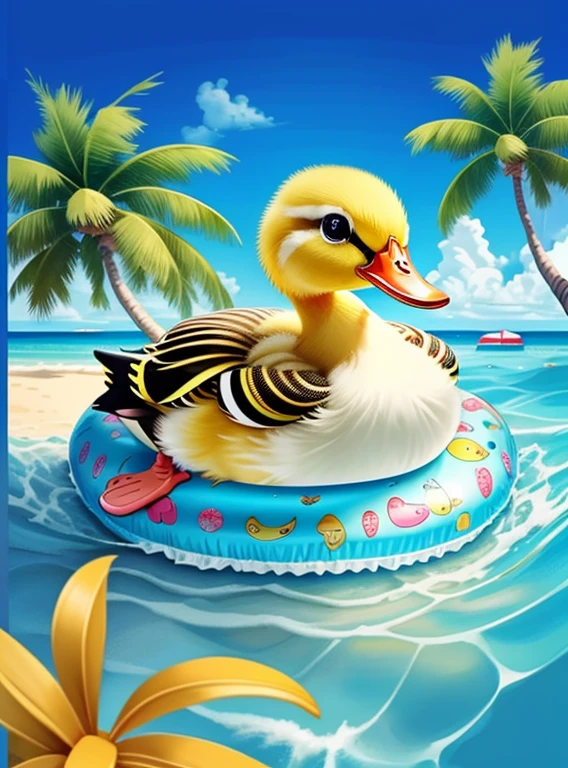 (cute duckling smiling in a inflatable ring, beautiful sea and an island with palm trees) Munchkin ,Geometric multidimensional wall portrait, livro de arte, Tchibi,
Yang08k, Beautiful, Colouring,
Obras, of the highest quality, best quality, Arte Oficial, Beautiful and Aesthetic,