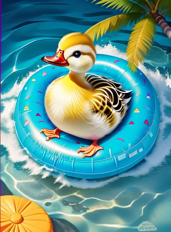 (cute duckling smiling in a inflatable ring, beautiful sea and an island with palm trees) Munchkin ,Geometric multidimensional wall portrait, livro de arte, Tchibi,
Yang08k, Beautiful, Colouring,
Obras, of the highest quality, best quality, Arte Oficial, Beautiful and Aesthetic,