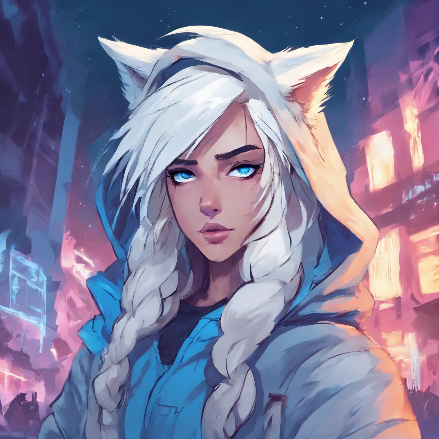 femboy with long white hair, blue eyes and wolf ears, wearing hoodie, glowing blue eyes