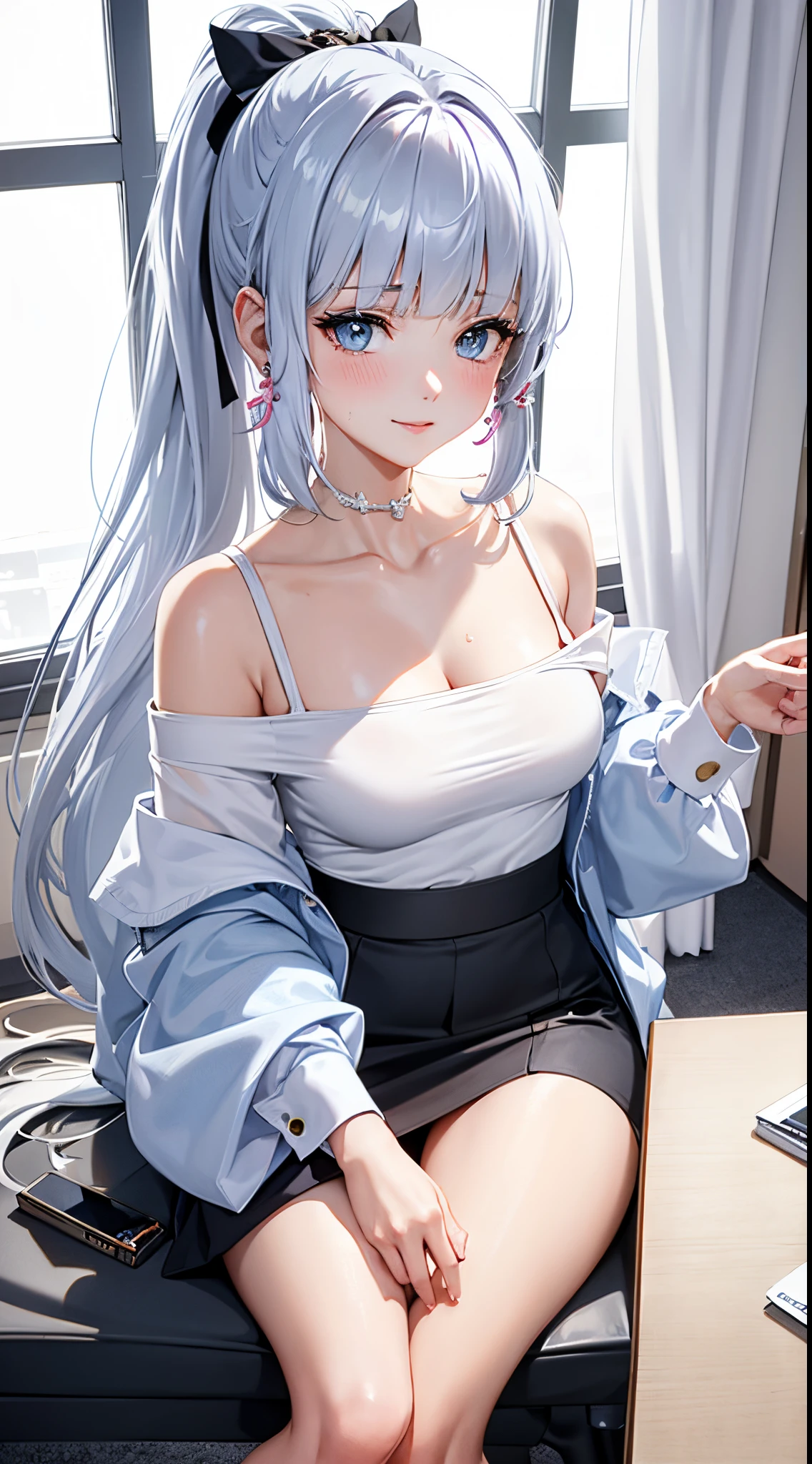 Character Details:, - Gender: 1 Girl. - Style: Anime, - Body Type: Attractive body, slim body, nice legs, slim tights, nice arms, nice shoulders. - Breast: ((Small Breast:1,5)), Cleavage. - Facial Featureeautiful, Gorgeous, Teenager, Fresh, Young. - Expression: Shy, Smile, Horny, Pink Blush on Face, Sexy Eyes, Sexy Look, Sweating, Innocent Look, Tipsy. - Hairstyle: Blunt Bangs, Long Hair. - Hair Color: Light Blue Hair. - Clothing: ((Office White Shirt:1.4)), (Black Bra:1.2) ,((Office Skirt:1.4)), (off-shoulder:1.6), (Stocking:1.4). - Body Pose: (Sitting). - Behaviour: Waiting, Want Something, Secretly. - Accessories: Earrings., Environmental Details:, - Setting: Office Room., - Lighting: Natural Light., - Decoration: Modern Office Desk, Chair, Window, White Curtain, City View. Top view. pov, anime style, UHD, retina, masterpiece, accurate, anatomically correct, textured.