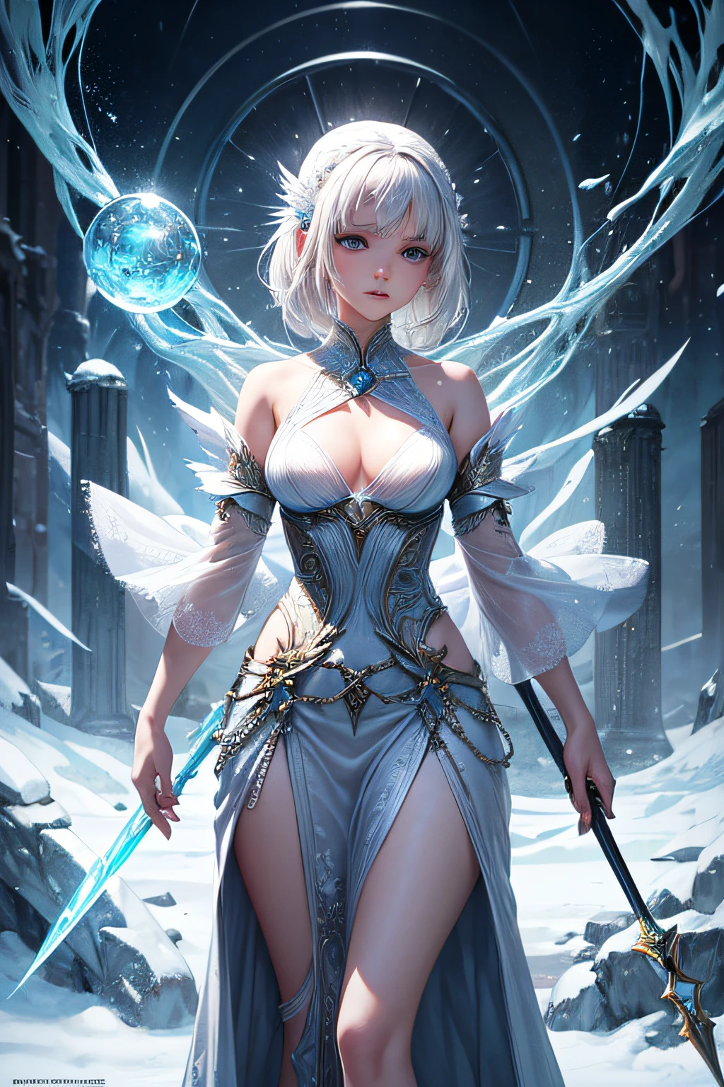 young teen girl, white hair, ice mage, sorceress, ice goddess, streams of snow covering her body, mages dress made of snow, controling all snow and ice around her, makes spirals of ice around her body, wielding a magic staff, ancient cave in background, sexi, small breasts, , highly detailed, vibrant appearance, creative behavior, extremly detailed, imaginative, sensual, spontaneous, highest quality, skin texture, intricate details, (cinematic lighting), RAW photo, 8k, masterpiece,best quality,ultra-detailed,very detailed illustrations,extremely detailed,intricate details,highres,super complex details,extremely detailed 8k cg wallpaper,