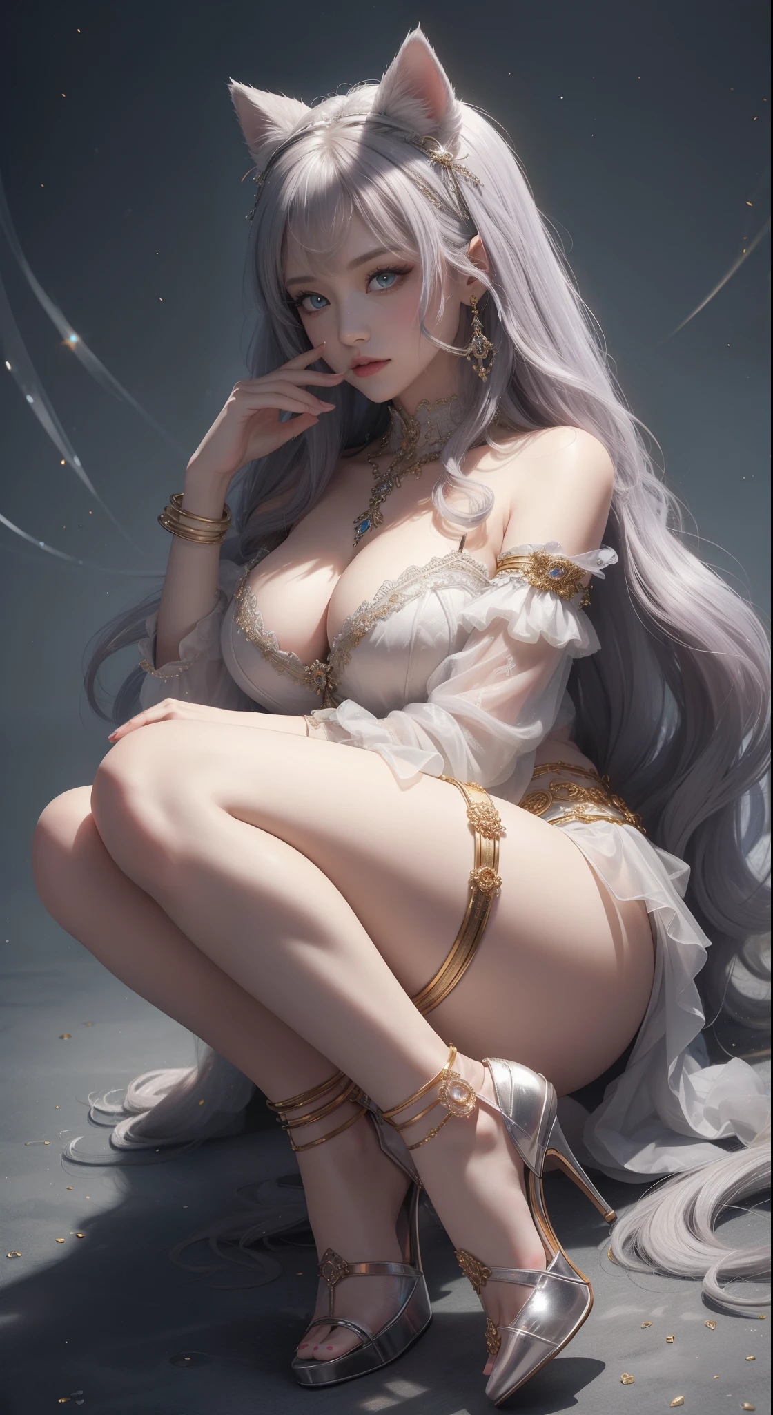 tmasterpiece,Highest image quality,Beautiful bust of the noble cat queen,cat ear,Cat tail delicate silver hairstyle,Clear golden eyes,A dazzling array of intricate jewelery adorns the chunky, Plush clothes。Plush clothing,Leather heels,Ultra-detailed details,advanced。At the Pixiv Art Station,Break your own power,,The kinky exposed,R-18G