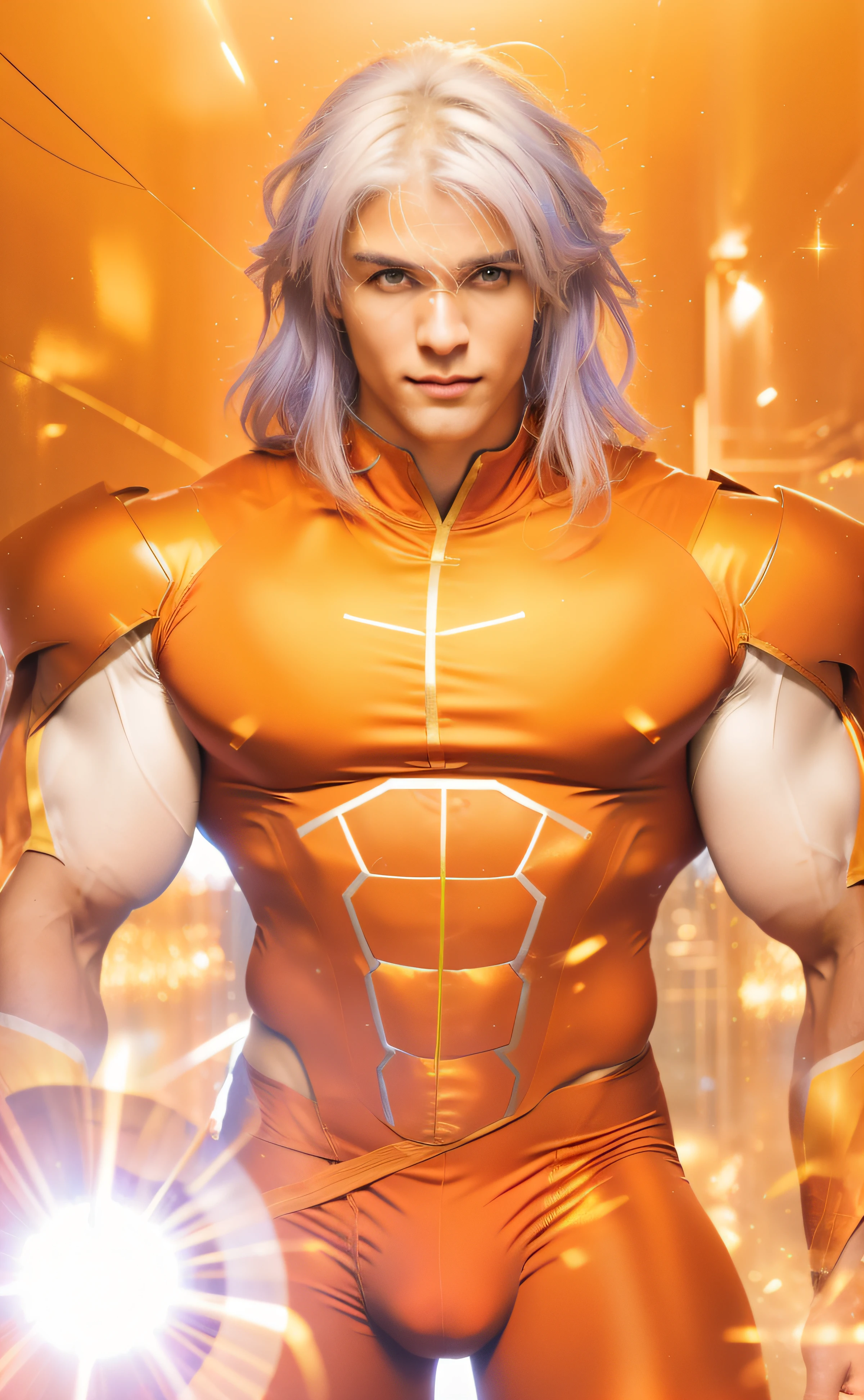 ( Image of a young superhero with silver hair, pele causaiana clara, wearing an orange uniform and tights, 20 anos de idade, hiper realista, musculoso!! , NOT BEARD, sem bigode)), ((Inspirado em Guilherme Leicam, inspirado em jovem Bruno Gagliasso)), (wearing tight orange spandex showing a large genital bulge, superhero uniform), Cyberpunk, muscular male hero, musculoso!!, musculoso!! scientific fiction, super buff e cool, XQC, musculoso!, cara bonito na arte demon slayer, Sorriso roguish, Nagito Komaeda, sfw version, Nice Saitama, cara de anime alto com olhos amarelos.