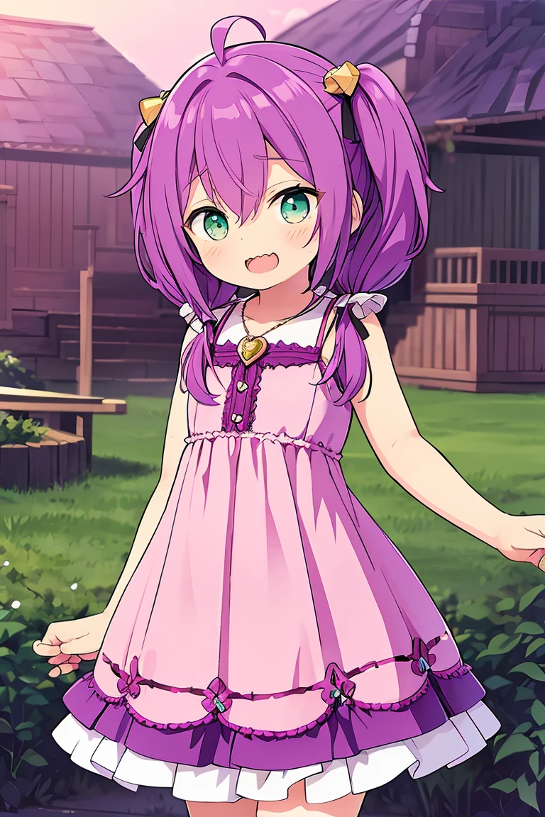 long hair, mole under mouth, purple hair, twintails, hair between eyes, aqua eyes, sharp teeth, ahoge, blush, smile, cowboy shot, pink dress, magical girl, open mouth, cute, kawaii, ***********, petite, green eyes