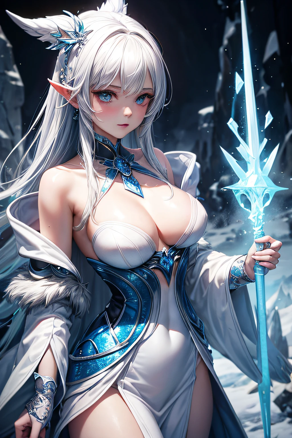 young girl, white hair, ice mage, sorceress, ice goddess, streams of snow covering her body, mages dress made of snow, controling all snow and ice around her, makes spirals of ice around her body, wielding a magic staff, ancient cave in background, sexi, small breasts, , highly detailed, vibrant appearance, creative behavior, extremly detailed, imaginative, sensual, spontaneous, highest quality, skin texture, intricate details, (cinematic lighting), RAW photo, 8k, masterpiece,best quality,ultra-detailed,very detailed illustrations,extremely detailed,intricate details,highres,super complex details,extremely detailed 8k cg wallpaper,