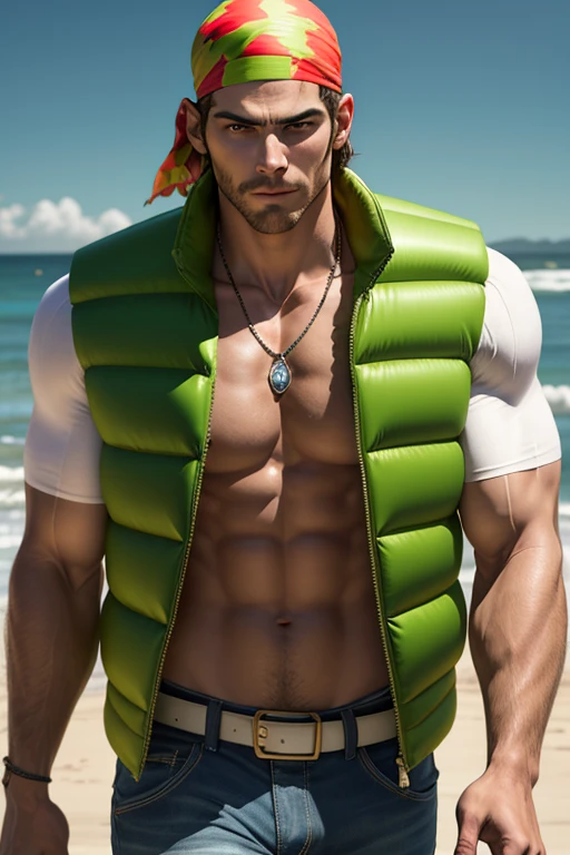 masterpiece, detailed face, highres, ralfkof, 1guy, solo,looking at viewer, stubble, green vest, denim pants, necklace, head bandana,  beach, semi-realistic, handsome, lewd, carf