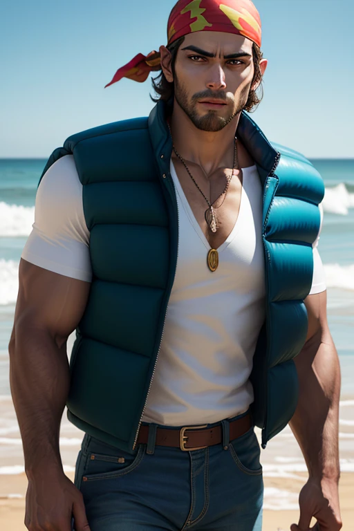 masterpiece, detailed face, highres, ralfkof, 1guy, solo,looking at viewer, stubble, green vest, denim pants, necklace, head bandana,  beach, semi-realistic, handsome, lewd, carf