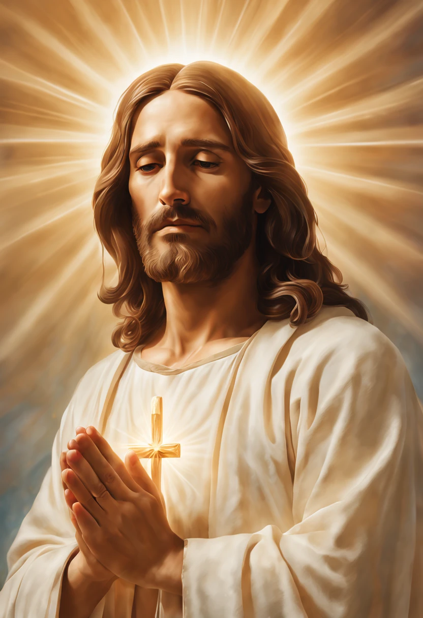 immersive image of Jesus in prayer, radiating an aura of serenity and faith. Highlight the serene expression on your face, with eyes closed and hands delicately joined in prayer. The scene should capture the sacred atmosphere and inspire a feeling of spiritual connection. Use soft, luminous tones to convey the divine presence. Certifique-se de que a imagem transmita a poderosa mensagem de paz, hope and communion with the divine.