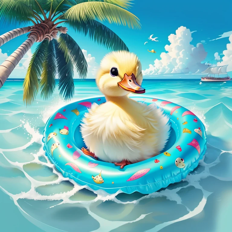(cute duckling smiling in a inflatable ring, beautiful sea and an island with palm trees) Munchkin ,Geometric multidimensional wall portrait, livro de arte, Tchibi,
Yang08k, Beautiful, Colouring,
Obras, of the highest quality, best quality, Arte Oficial, Beautiful and Aesthetic,