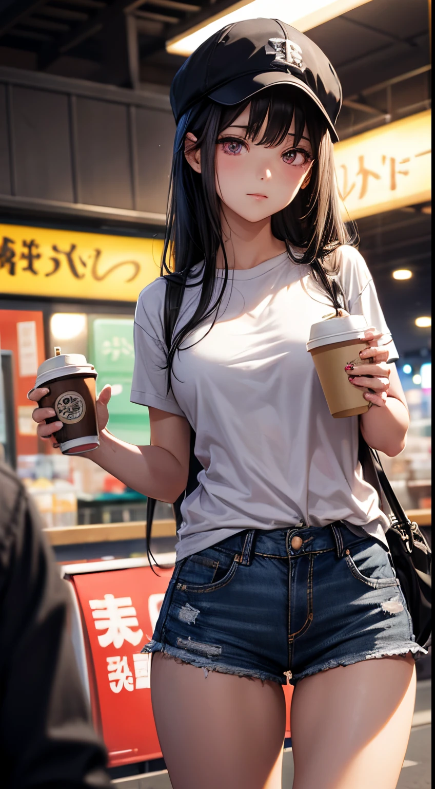 (masterpiece, Best Quality, ultra-detailed, high resolution, extremely detailed CG, official art, Professional Lighting, Perfect ???????, anime colors), (from below), looking at viewer, cowboy shot, perfect body, 24yo beautiful 1girl, Large breasts, black t-shirt, micro denim shorts, bare legs, cap, nail_polish, pale skin, gleaming skin, black hair, long hair, side locks, Straight hair, pink eyes, expressionless, Waiting friend,
break (dark night:1.5), tokyo, (convenience store:1.3), outdoor, (depth of field:1.3),
break contrapposto, (Hold a coffee in your hand:1.3)