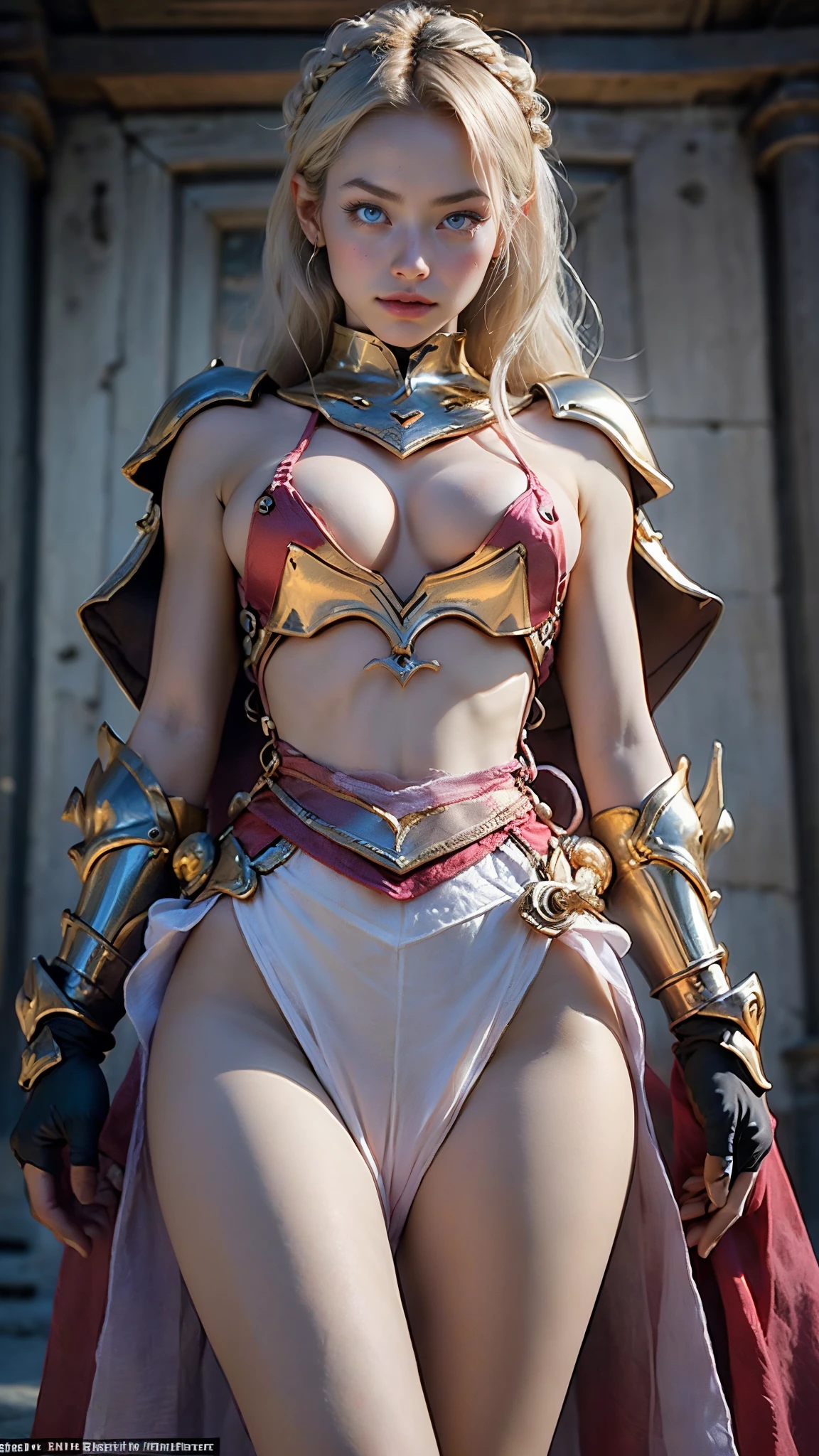 (Best quality, 8k, 32k, masterpiece, UHD: 1.2), professional photo, various angles, photo taken close up, photo of erotic beauty warrior, sexy, (Goddess of beauty), 1girl, legs spread, (( big breasts, gigantic to show: 1.2, long natural breasts sticking out of the armor)), Seraphina is a knight who likes to show her naked body, her feminine parts, her large breasts, exposed pussy, her captivating beauty mixes harmoniously with his exceptional skill. Her blue eyes shine with determination, while her golden hair falls in soft waves around her shoulders. Clad in finely crafted armor, she exudes a subtle sensuality that does not compromise her strength.

Seraphina's armor hugs the curves of her naked female body with elegance, highlighting the grace of her movements. The delicate lines and intricate details add a touch of seduction to her presence. A flowing cape dances in the wind as she moves, adding an element of mystery and charm.

Although the armor is tailored to enhance her femininity, Seraphina's combat prowess is not compromised. Her swordplay is a natural extension of her grace, and she moves with a confidence that turns heads wherever she goes.

Seraphina is more than just a sensual figure; she is a formidable warrior with a magnetic aura that transcends the battlefield. Her charm lies in her unique combination of beauty and strength, making everyone admire her not just for her appearance,