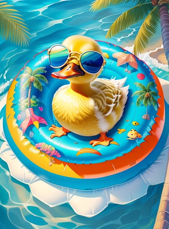 (cute duckling smiling in a inflatable ring with sun glasses, beautiful sea and an island with palm trees) Munchkin ,Geometric multidimensional wall portrait, livro de arte, Tchibi,
Yang08k, Beautiful, Colouring,
Obras, of the highest quality, best quality, Arte Oficial, Beautiful and Aesthetic,