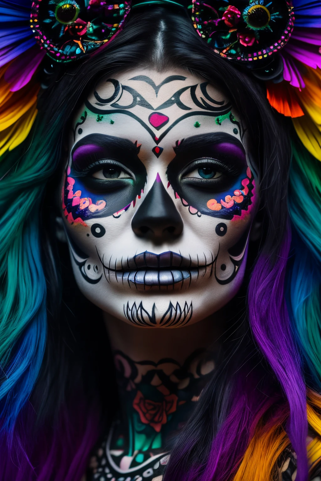 in a psychedelic and chiness style a representation of the Day of the Dead on a beautifull female face ,magnificent and detailed. Lots of texture and an whirlwind explosion of dark powder in the background, upscale 8k