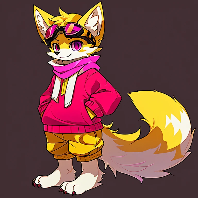 (A character), (Fox with yellow fur and white chest), (under the snout is white), (yellow fur), (tip of the tail white), (wears a magenta sweater), (light blue scarf), ( yellow cap with orange visor), (orange visot), (magenta eyes), (slender and fit body), (appears apparently thin but strong), (relaxed expression), (male), (medium height), (solitary), (solo), (white eyebrows), (yellow legs), (yellow hat), (golden fur), (golden yellow fur), (small dark yellow claws), (4 toes on his paws), (magenta eyes), fluffy, (fluffy fur), goggles, (black glass goggles)